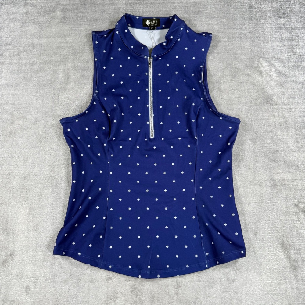 Amy Sport Top Women Small Navy Polka dot Frontline 2.0 Sleeveless Quarter Zip
